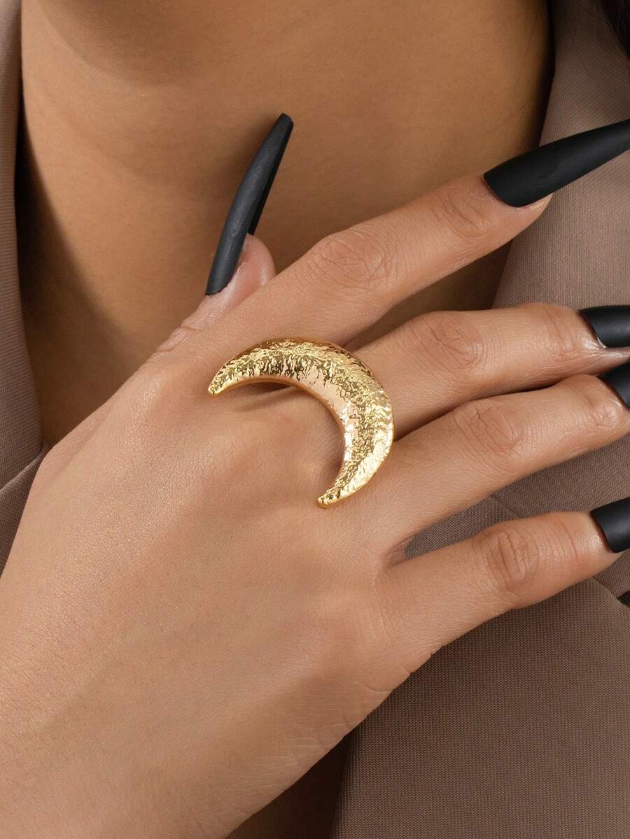 1pc Fashionable Crescent Moon Metal Design Ring, Cute Curved Moon, Versatile For Daily Wear, Festivals, Star & Moon Jewelry Series, Personalized, European & American Style, Hip-Hop Street Vibe Accessory, Simple Yet Elegant Gift - Yellow Gold - View 1