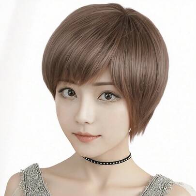 1顶棕色短直发假发，带刘海，8英寸耐热合成假发，适合女性和女孩日常佩戴和参加派对