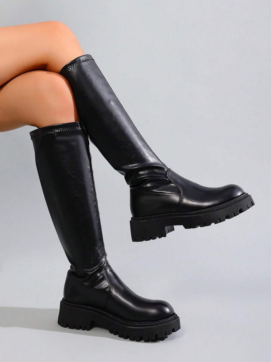 2025 New Autumn/Winter Women's Tall Boots, Thermal Lined Knee-High Riding Boots, Elevator Boots For Petite, Over-The-Knee Boots - Black - View 1