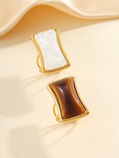 2pcs Stainless Steel Vintage Gold-Tone Ring Set, Inlaid With Brown And White Gemstones, Suitable For Women's Daily Wear Or Gift