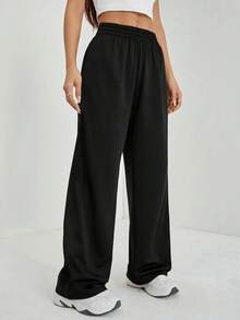 Calças Retas Casuais com Forro Térmico Quente para Mulheres, Calças Diárias de Inverno Simples Casuais Quentes e Grossas, Calças Retas Macias, Vestuário Feminino, Calças Femininas - Preto - Visão 3