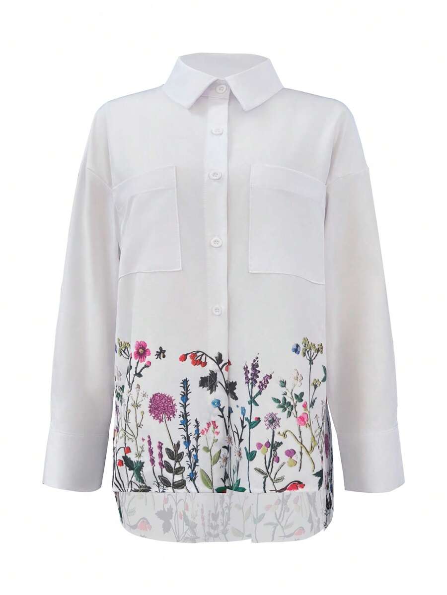 女式前扣长袖花卉印花口袋休闲衬衫，适合日常穿着