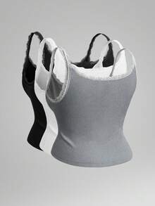 3件套女士黑白灰蕾丝罗纹背心，内置胸罩，修身短款吊带衫，Y2K风格上衣，可叠穿或单穿 - 彩色 - 查看 3