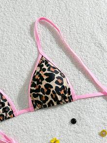 Women's Backless Leopard Print Patchwork Bikini Set (Top And Bottom), Casual Summer