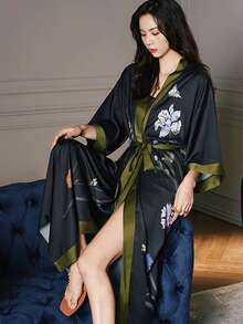 复古宽松优雅时尚通勤印花长款和服罩衫，休闲家居系带长袍，沙滩罩衫，夏季泳衣外层 - 黑色 - 查看 6