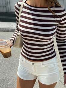 FOR BEAUTY New Autumn And Winter Contrasting Striped Boat Collar Long Sleeved Knitted Short Top, Korean Casual Simple Slim Fit Versatile Lazy Sweater, Daily Go Out Commuting Street Pullover Autumn Women's Clothing Christmas New Year