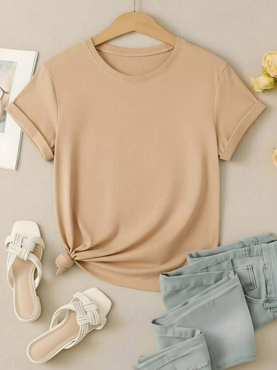 Women's Plain T-Shirt, No Print, Cotton Blouse, Casual, Cute, Premium Knit, Short Sleeve, Round Neck Shirt - 米色 - 查看 1