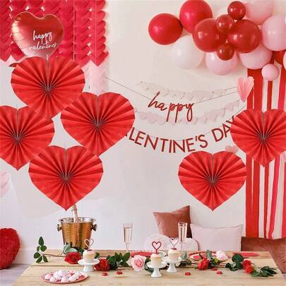 2个心形纸巾花球，适用于婚礼、新娘送礼会、性别揭晓派对、单身派对装饰，红色和波点图案混搭，营造浪漫氛围，可用作拍照背景。