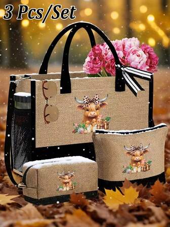 Highland Cow Three Pieces Tote Bag, Happy Su'Ge'Lan Calf Pattern Dinner Bag, Fashionable Bag, Small Wallet, Highland Cow Pattern Leopard Bow, Large Capacity Handbag, Multi-Function Shoulder Bag, Handbag, Fashionable Travel Storage Bag, Toilet Bag, Perfect Holiday Gift, Birthday Gift, Christmas Gift, Autumn And Winter Gift