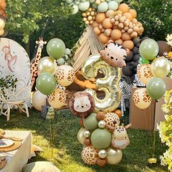 38/3pcs Matte Watercolor Animal Number Foil Balloons, Includes Tiger, Giraffe, And Lion Wild Animal Themed Party Decorations, Suitable For Birthday, Home Decor (Mixed Colors), Birthday Party Balloons, Indoor And Outdoor Decoration, Wild Animal Party Decor