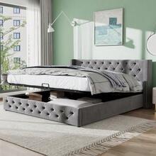 Upholstered Bed In An Ear Shape. Double Row Of Flannel Rivets, Buttoned Seams At The Head And Foot Of The Bed, Double Bed 140*200. Functional Hydraulic Bed. The Slatted Base Is Covered In Black, Stain-Resistant Fleece, Grey. - Grey - View 5