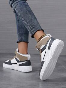 New Fashion Casual Women Sports Shoes, Lace-Up Lightweight Thick Sole Casual Flat Shoes, Versatile High-Top Sneakers - Khaki - View 3