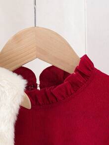 2件套女童纯色毛绒蝴蝶结无袖背心+灯芯绒休闲连衣裙套装，秋季 - 紅色 - 查看 5