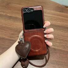 奢华棕色磁吸无线充电手机壳，配心形吊坠和皮绳，兼容三星 Galaxy ZFlip7、ZFlip6、ZFlip 5，防震后盖 - 棕 - 查看 4