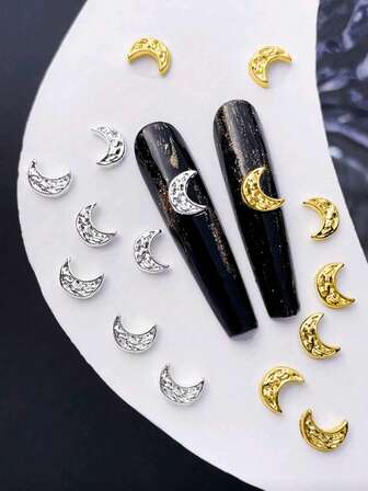 10 buc decorațiuni pentru unghii în stil Y2K, cu lună în relief, auriu și argintiu, accesorii glamour, decorațiuni pentru unghii în relief, cu lună curbată din aliaj 3D, unghii false realizate manual, DIY, pentru huse de telefon mobil, cu pietre speciale și decorațiuni din aliaj, cadouri pentru fete, accesorii pentru unghii, nail art glamour, cadouri de sărbători.