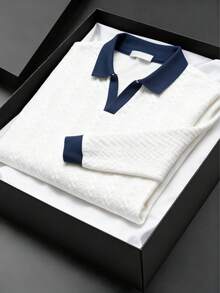 男士V领Polo衫，弹力提花面料，修身长袖针织运动服 - 白色 - 查看 6