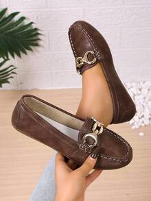 2025春季新款女士时尚金链优雅套脚乐福鞋，轻便舒适，百搭橡胶平底鞋 - 棕色 - 查看 13