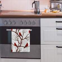 Winter Cardinal Birds Christmas Decor Kitchen Towels, Set Of 2, Polyester Microfiber Dish Cloths, Soft Absorbent Knit Tea Towels, Contemporary Style, Space Theme, Machine Washable, For Cooking & Baking