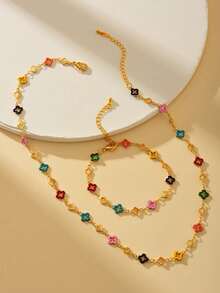 2pcs/Set Fashionable Sweet Copper-Inlaid Zirconia Oil Drop Flower Four-Leaf Clover Pearl Bracelet And Necklace Women's Jewelry Gift Elegant For Daily Wear, Gatherings, Holidays, Dates, Parties Versatile Accessory Set(Four-Leaf Clover Color Is Random) - Hollow Four-leaf Clover Set - View 16