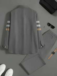 Plus Size Men's Suit, Plus Size Men's Shirt Set, Printed Machine Washable, 2 Pieces Long Sleeve Shirt And Pants, Plus Size Men's Clothing - Grey - View 4