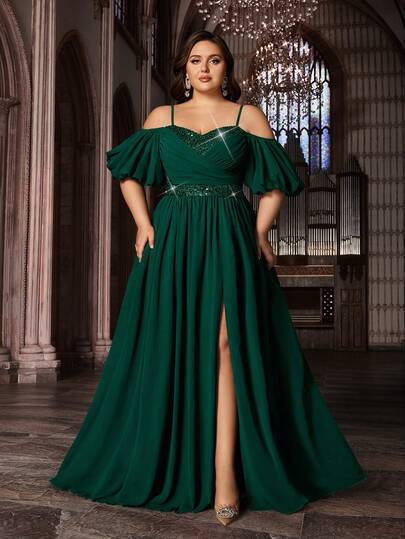 Design Sense Curve 女士加大码雪纺正式礼服，亮片装饰，甜心领口，时尚主教袖长款连衣裙，适合婚礼、春季派对等场合。