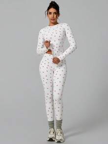 NcmRyu 1 Set Women Elastic Round Neck Printed Long Sleeve Tight Pants Sportswear Set - White - View 6