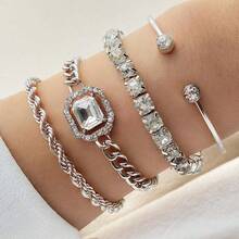 4-Piece Set Of Simple And Fashionable Bracelets For Women, Atmospheric And Versatile Light Luxury Niche Diamond Bracelet Set, Suitable For Daily Wear, Party, Gathering Wear, Gift Giving, Gift, Gift To Friends, Gift To Girlfriend, Birthday Gift, Holiday Gift, Christmas Gift - Silver - View 2