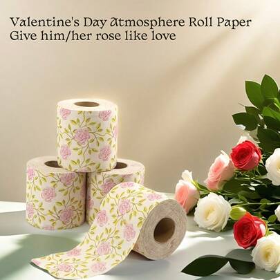 1 Roll Floral Pattern Toilet Paper, Rose Design, Decorative Napkins, Holiday Handkerchief Paper, Suitable For Home, Office, Bathroom, Travel, Creative Tissue, European Size, Euro/Dollar Printing, Rose Print Bamboo Pulp Toilet Roll