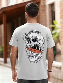 男士夏季休闲 T 恤，带字母和骷髅印花，圆领短袖 - 淺灰色 - 查看 3