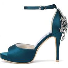 Lady Satin Dress Platform High Heels Wedding Sandals Crystal Back With Free EarringsChristmas - 藍綠色 - 查看 9