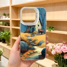Cubierta de telefono con diseño de paisaje rural azul y amarillo con casa de campo y sendero de piedras para uso diario y estilo vintage Aplicable a los teléfonos de la serie Apple y Galaxy - Blanco - Ver 5