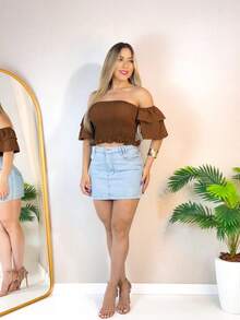 Simple Ruffle Hem Pleated Gathered - Rust Brown - View 4