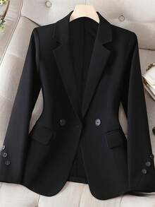 1pc Women's Solid Color Woven Fabric Pocket Button Double-Breasted Casual Office Jacket, Autumn