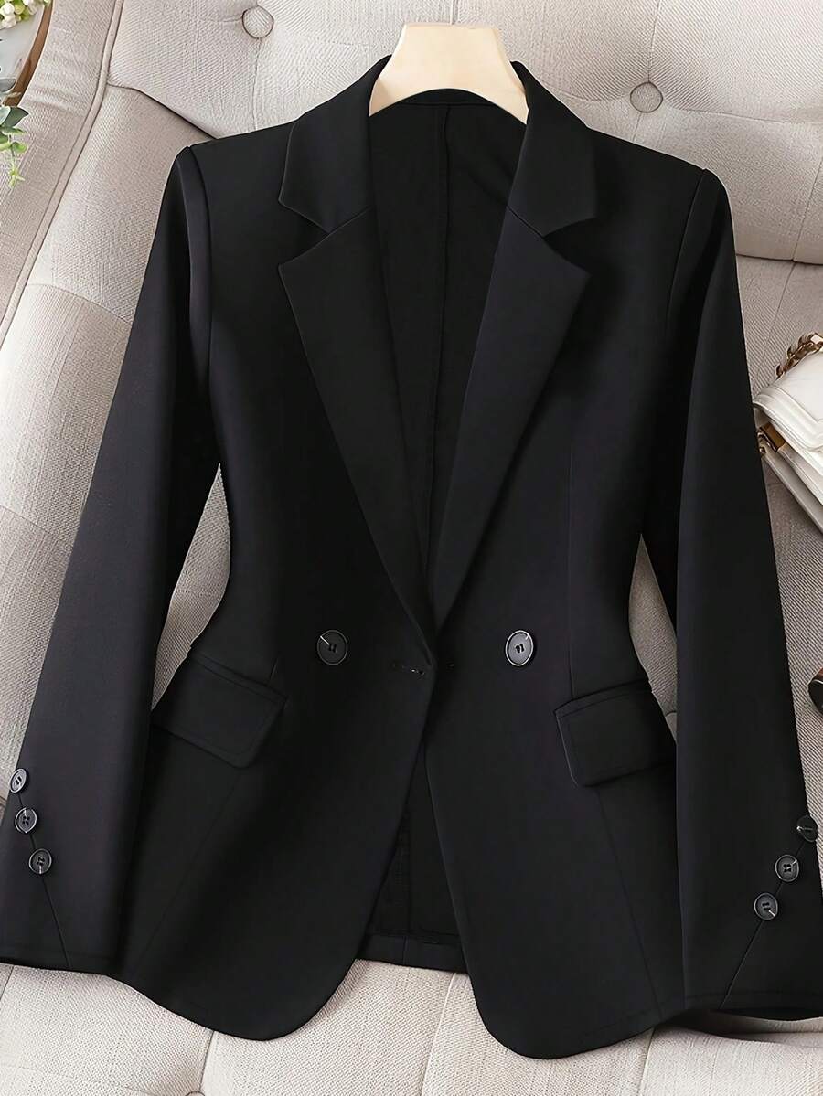 1pc Women's Solid Color Woven Fabric Pocket Button Double-Breasted Casual Office Jacket, Autumn