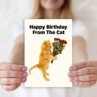 1pc Charming Cat Birthday Greeting Card With Envelope - "Happy Birthday From The Cat" Design, Cute Scene With Cat Holding Roses, Perfect For Cat Lovers & Friends, Ideal For Birthday Celebrations, Greeting Card|Cat Birthday Card|Paper Greeting Card