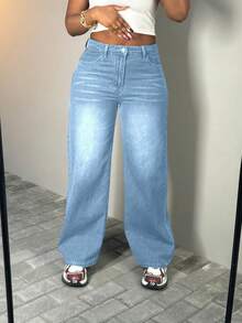 Chicsale Solid Color Casual Fashion Inelastic Jeans, Sexy Straight Pants-Diagonal Pocket Jeans, Women's Wear - Blue - View 5