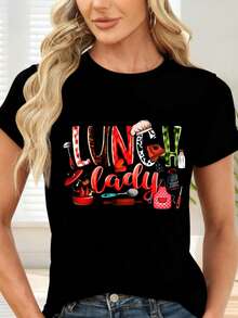 T-Shirt With Kitchen Print And Lunch Lady Text For Cooking And Home Cooking - 黑色 - 查看 6