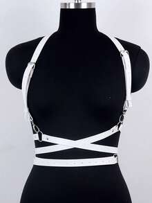 白色朋克风皮革露脐吊带上衣，性感内衣胸衣配吊袜带，适合日常穿着、婚礼新娘性感装扮及配饰 - 白色 - 查看 8