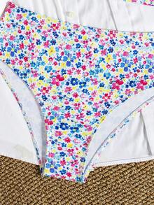 wohenmeili 休闲花卉印花高腰吊带比基尼套装，带十字交叉露背细节，高弹力两件套泳衣 - 白底藍黃粉 - 查看 7