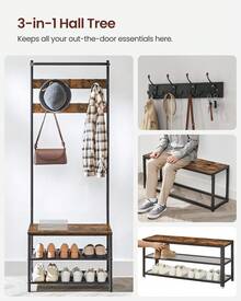 VASAGLE Hall Tree With Bench And Shoe Storage, Entryway Bench With Coat Rack Stand And Shoe Rack, 9 Movable Hooks, Top Bar, Fabric Shelves, Industrial, Rustic Brown And Black - Yellow-brown - View 4