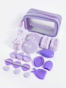 19pcs Makeup Brush Set, Including: 1 Multi-Functional Zipper Waterproof Makeup Bag + 3 Triangle Makeup Sponges + 3 Mini Air Cushion Makeup Sponges + 1 Hair Tie + 2 Bowl Hanging Ropes + 2 Cleansing Sponges + 2 Makeup Brush Cleaning Tools + 1 Face Ice Pack + 1 Silicone Soft Hair Brush + 3 Air Cushion Makeup Sponges - Purple - View 2