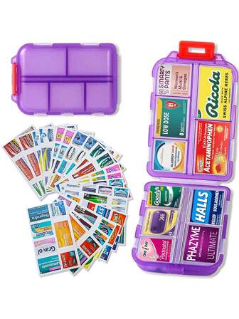 Organizador de pastillas DIY con 77 etiquetas de medicina precortadas mejoradas, estuche de pastillas plegable para viajes diarios, esenciales de viaje, mini contenedor de pastillas de 7 días, organizador de pastillas, estuche de medicina, estuche de pastillas, almacenamiento de medicina, esenciales de viaje. Los estilos de pegatinas son aleatorios.