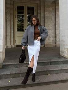Chaqueta casual y cómoda de mujer con bolsillo con cremallera en el frente y costillas, chaqueta de mujer con cuello de béisbol y cremallera completa con bolsillos, abrigo de manga larga para otoño/invierno - Gris - Ver 2