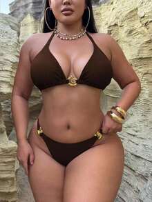 Swim SXY 大码女士露背分叉亮片纯色螺旋装饰两件套性感比基尼套装，适合夏季海滩度假 - 咖啡棕 - 查看 1