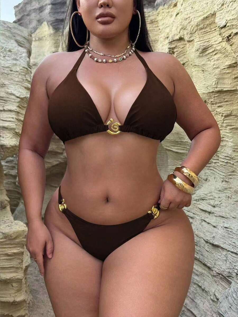 Swim SXY 大码女士露背分叉亮片纯色螺旋装饰两件套性感比基尼套装，适合夏季海滩度假 - 咖啡棕 - 查看 1