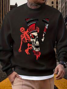Black Sweatshirt With Skull And Skeleton Design Red And White Graphic Streetwear Urban Fashion For Men Halloween Costume Party Outfit - 黑色 - 查看 1