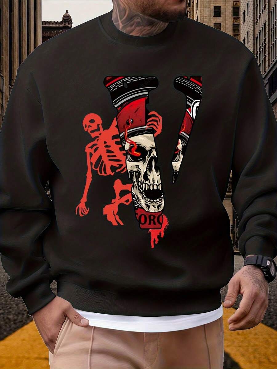 Black Sweatshirt With Skull And Skeleton Design Red And White Graphic Streetwear Urban Fashion For Men Halloween Costume Party Outfit - 黑色 - 查看 1