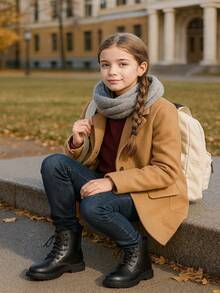 1 Pair Beige Kids' Boots, Fashion Classic Basic Versatile Solid Color PU Leather Front Lace-Up Design Round Toe Flat Bottom Non-Slip Comfortable Cute Short Shaft Knight Boots, Suitable For 3-12 Years Old Boys And Girls Students Daily Wear, Party, Outdoor, Autumn/Winter New Style - Black - View 7