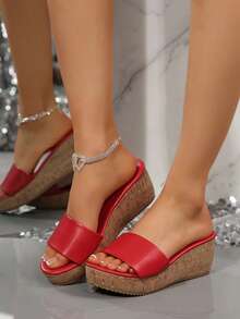 韩版露趾高跟拖鞋，夏季厚底防水厚底铆钉交叉麂皮坡跟凉鞋 - 紅色 - 查看 1