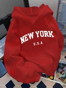 Sudadera con capucha casual para mujer con estampado New York, mangas largas y cálida - Rojo - Ver 1